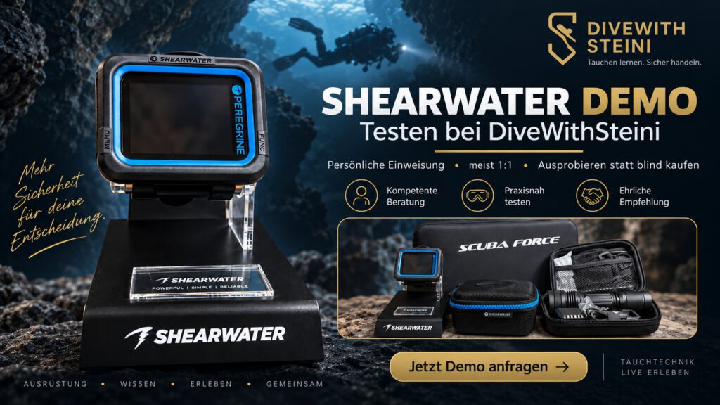 Shearwater Demo bei DiveWithSteini testen: Peregrine Tauchcomputer und Demo-Kit